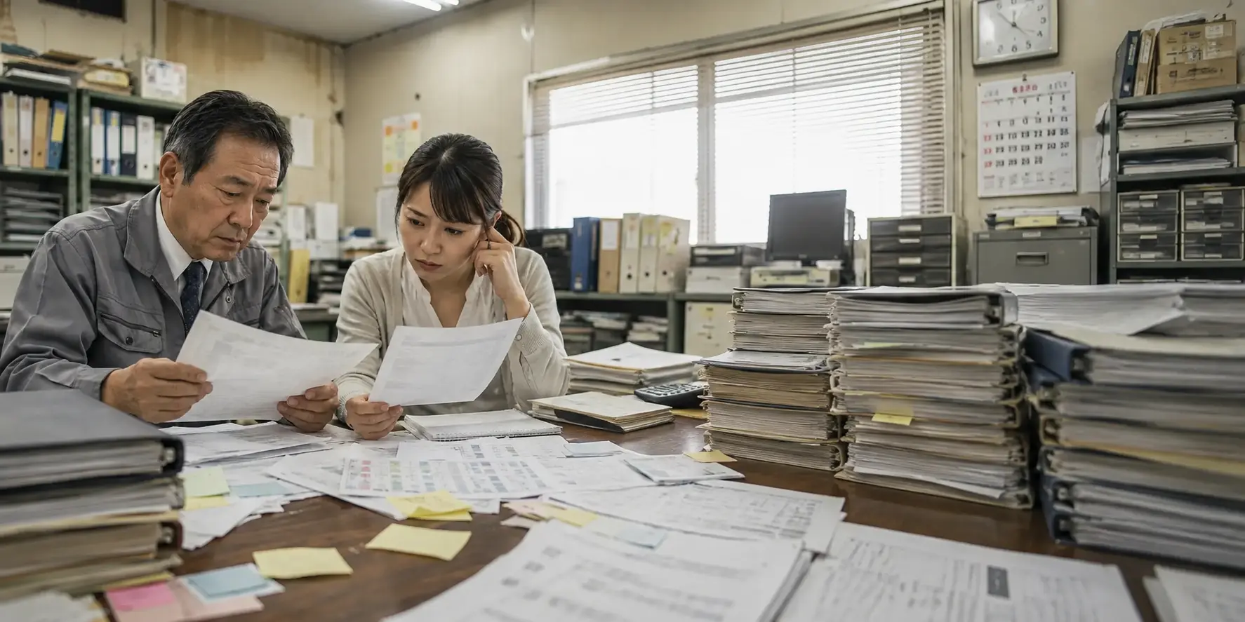 尾道市・福山市の中小企業で紙資料とパソコンを使って業務を整理する様子